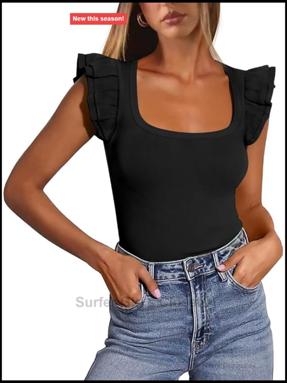 Womens Square Neck Ribbed Knit Tank Top Ruffle Sleeve Summer Cute Slim Fit